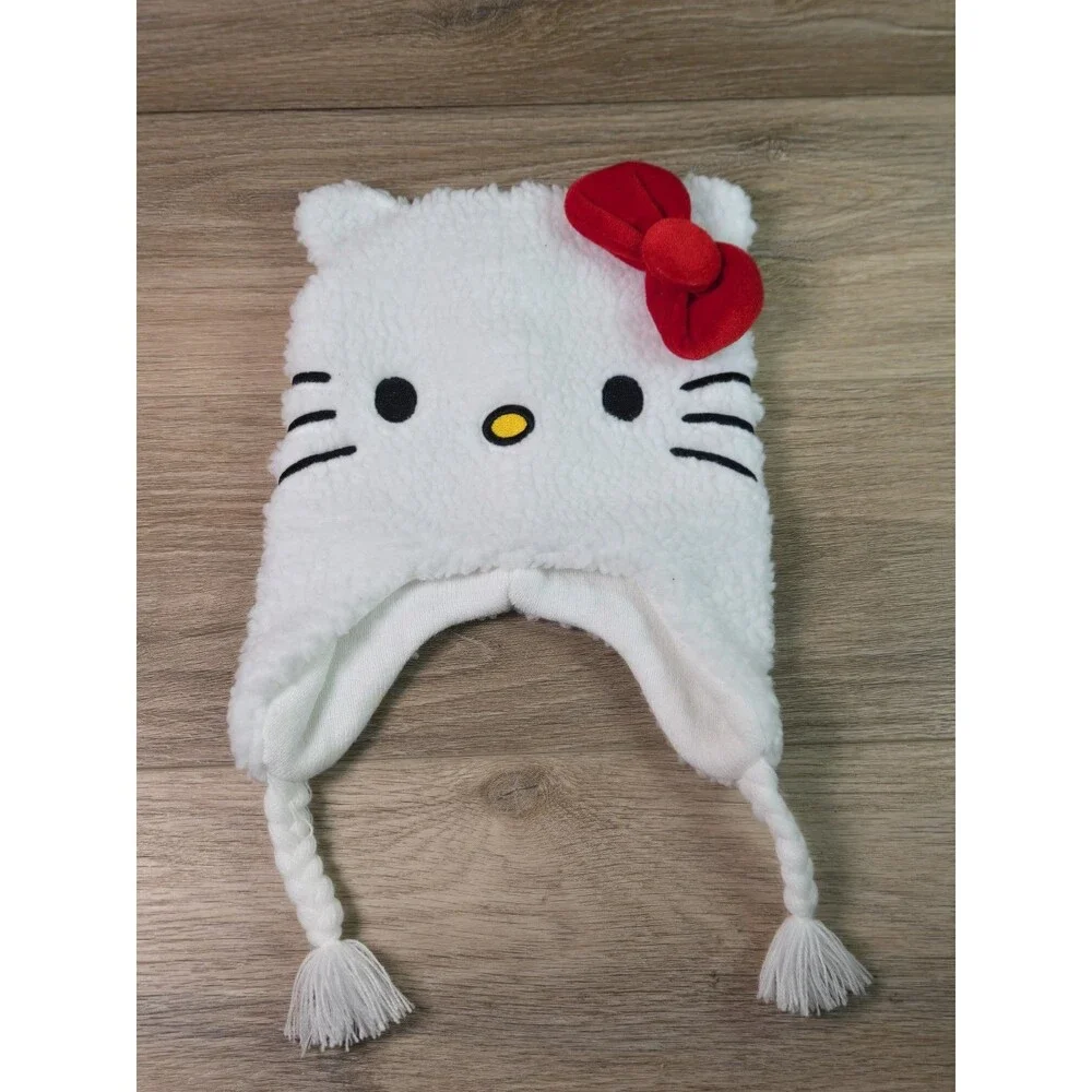 Hello Kitty Hat With Red Bow And Braided Tassels Winter Kids Wear Cute Warm